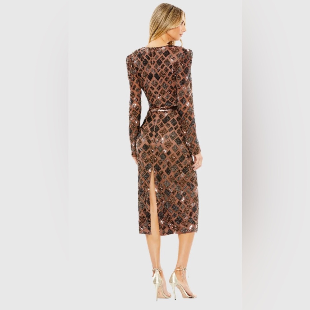 Brown Geo Embellished Midi Sheath Dress